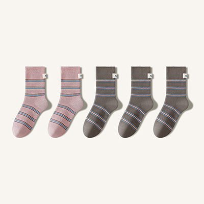 Women's Striped Cotton Crew Socks with Label Detail - 5 Pack