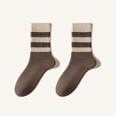 Men's Extra Thick Wool Crew Socks - Terry Lined Striped Thermal Winter Socks 2 Pack