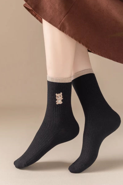 Women's Crew Socks Long Staple Cotton 5 Pairs Cartoon Embroidery