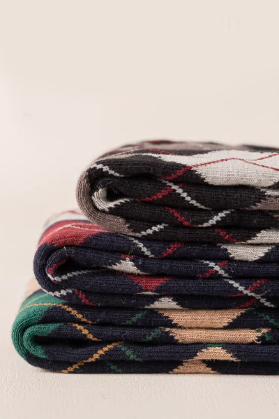 Women's Calf Socks Long Staple Cotton 3 Pairs Argyle Pattern