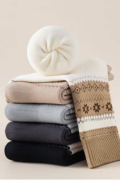 Women's Crew Socks Long Staple Cotton Winter Extra Thick Terry Lined 3 Pairs Thermal Patterned Knit