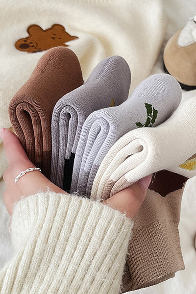 Women's Crew Socks Long Staple Cotton Thick Terry Lined 3 Pairs Cartoon Patterned Knit