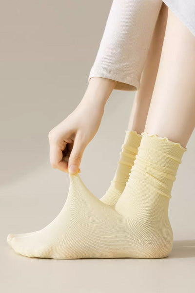 Women's Crew Socks Long Staple Cotton 5 Pairs Lace Solid Color