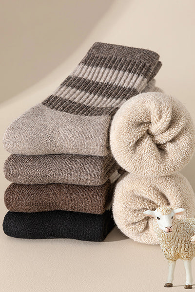 Men's Extra Thick Wool Crew Socks - Terry Lined Striped Thermal Winter Socks 2 Pack