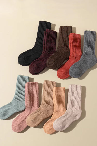 Women's Crew Socks 60%Wool 2 Pairs Terry Thickened Solid Color