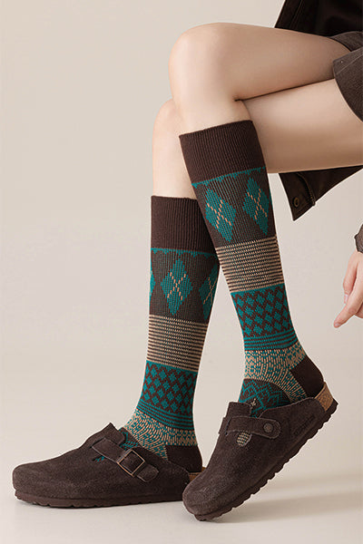 Women's Cotton Calf Tube Socks - Patterned Literary Style Winter Socks 2 Pack