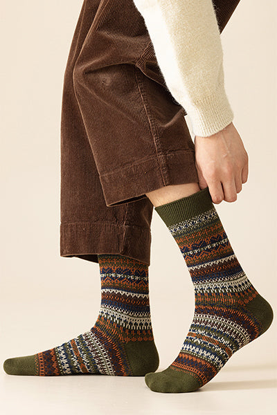 Men's Cotton Crew Socks - Marled Ethnic Style Winter Socks 3 Pack