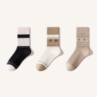 Women's Crew Socks Long Staple Cotton Winter Extra Thick Terry Lined 3 Pairs Thermal Patterned Knit