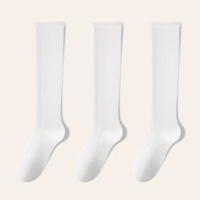 Women's Calf Socks Long Staple Cotton 3 Pairs Lace Ruffle Solid Color