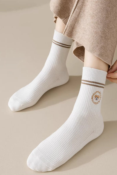 Women's Crew Socks Long Staple Cotton 5 Pairs Embroidered