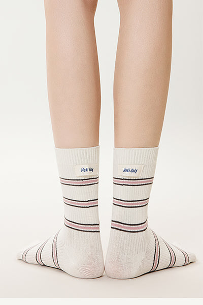 Women's Striped Cotton Crew Socks with Label Detail - 5 Pack
