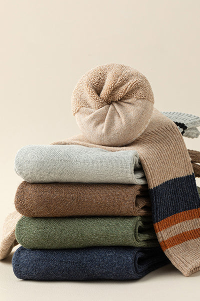 Men's Thick Cotton Crew Socks - Striped Terry Lined Winter Socks 4 Pack