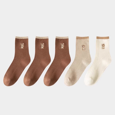 Women's Crew Socks Long Staple Cotton 5 Pairs Cartoon Embroidery