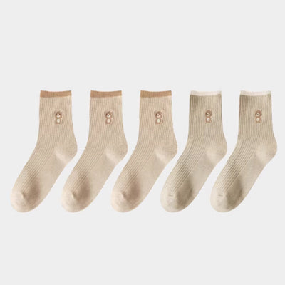 Women's Crew Socks Long Staple Cotton 5 Pairs Cartoon Embroidery