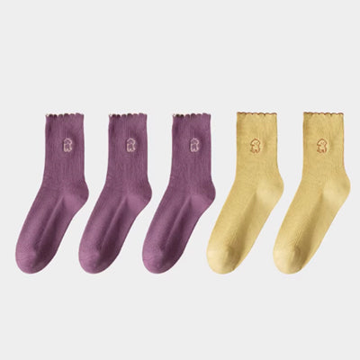 Women's Crew Socks Long Staple Cotton 5 Pairs Ruffled Embroidery