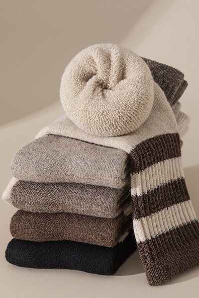 Men's Extra Thick Wool Crew Socks - Terry Lined Striped Thermal Winter Socks 2 Pack