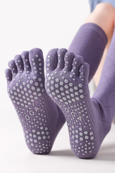 Women's Calf-Length Knee High Sports Yoga Toe Socks Long Staple Cotton 1 Pair Silicone Gripper Sole