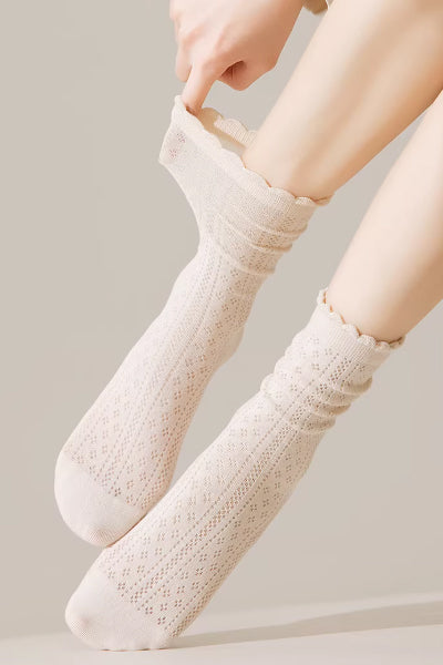 Women's Crew Socks Long Staple Cotton 5 Pairs Ruffled Mesh