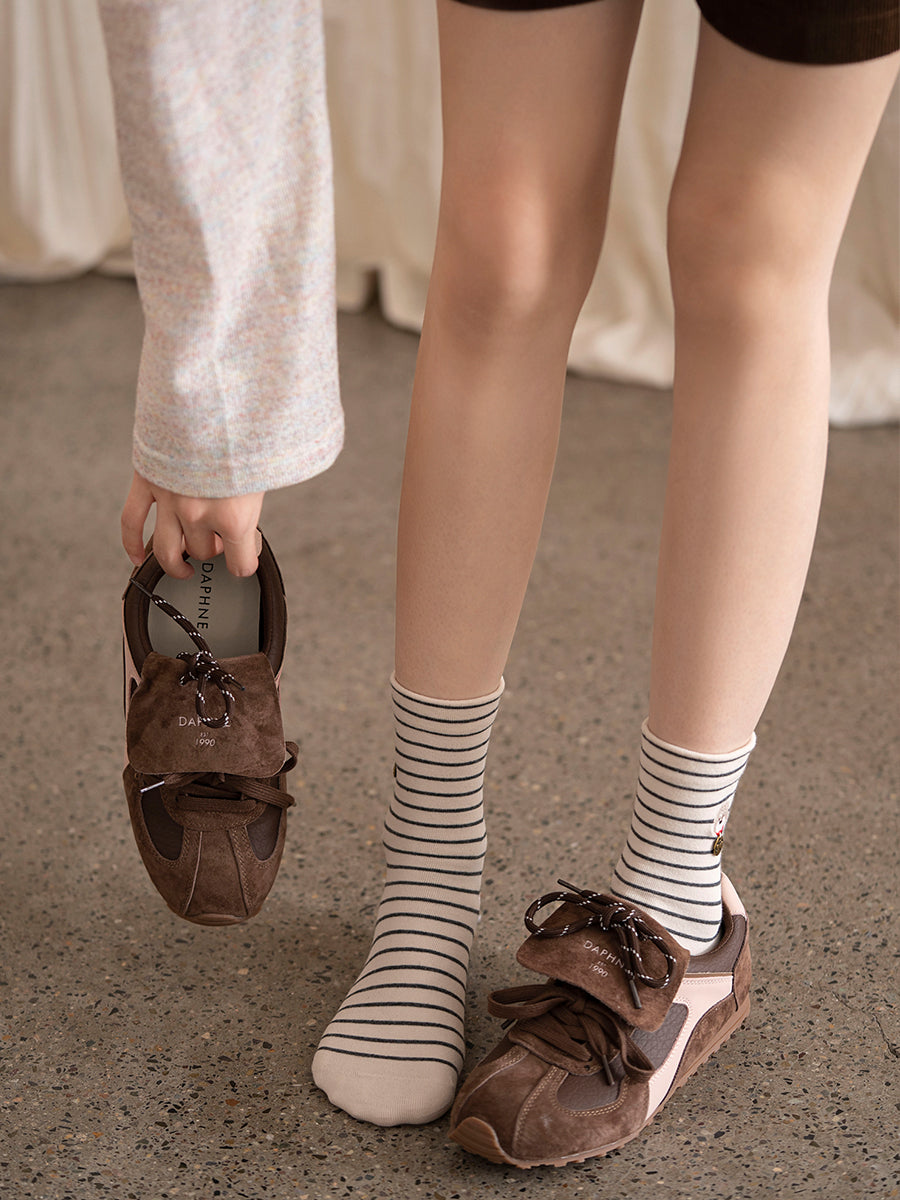 Women's Striped Cotton Crew Socks with Cute Pet Embroidery - 4 Pack