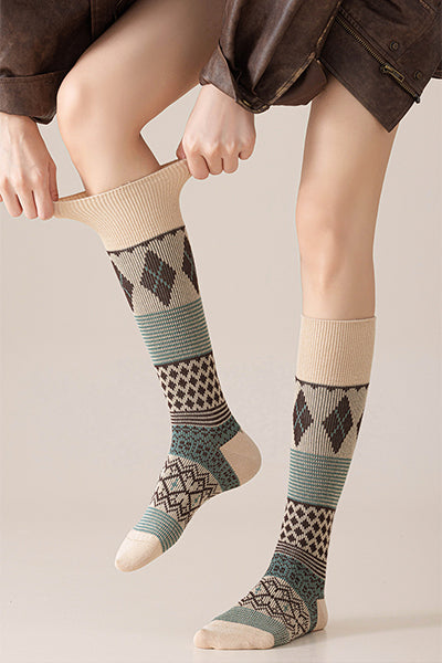 Women's Cotton Calf Tube Socks - Patterned Literary Style Winter Socks 2 Pack