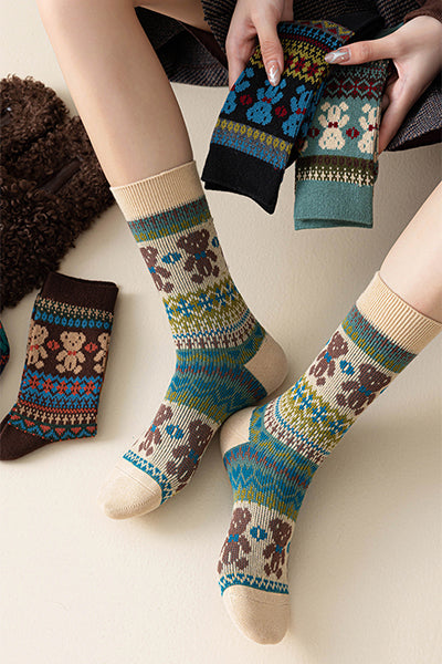 Women's Cotton Crew Socks - Patterned Literary Style Winter Socks 3 Pack