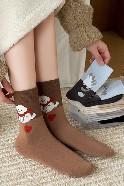 Women's Crew Socks Long Staple Cotton Thick Terry Lined 3 Pairs Cartoon Patterned Knit