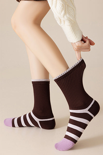 Women's Extra Thick Terry Lined Crew Socks - Striped Thermal Winter Socks 3 Pack