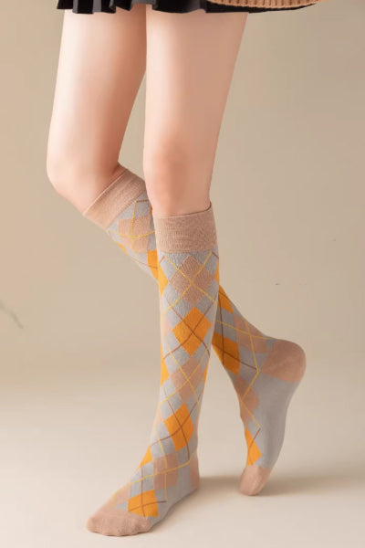Women's Calf Socks Long Staple Cotton 3 Pairs Argyle Pattern