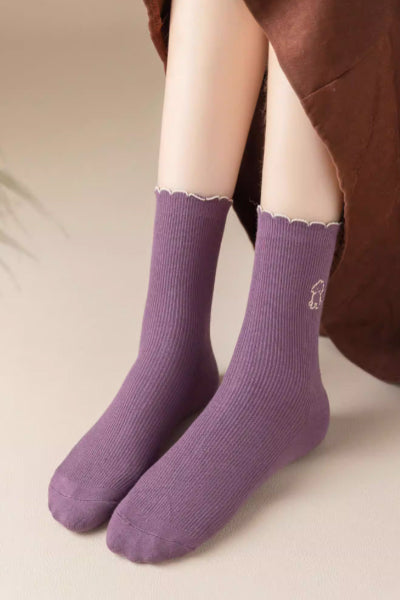 Women's Crew Socks Long Staple Cotton 5 Pairs Ruffled Embroidery