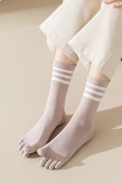 Women's Crew Socks Long Staple Cotton 4 Pairs Toe Separator Striped
