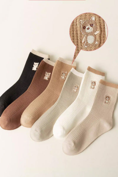 Women's Crew Socks Long Staple Cotton 5 Pairs Cartoon Embroidery