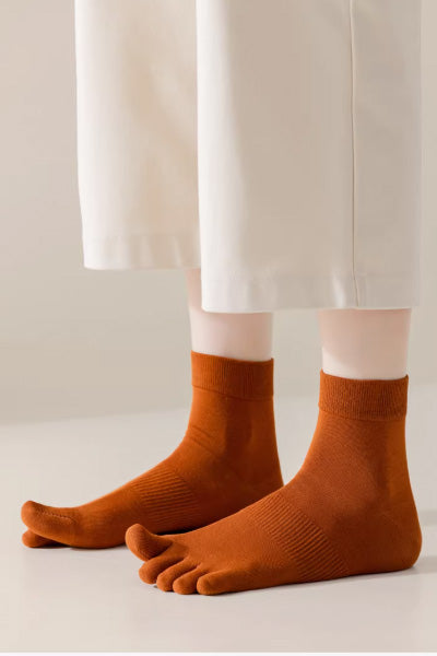 Women's Crew Socks Long Staple Cotton 4 Pairs Solid Color Five Finger Toe Socks