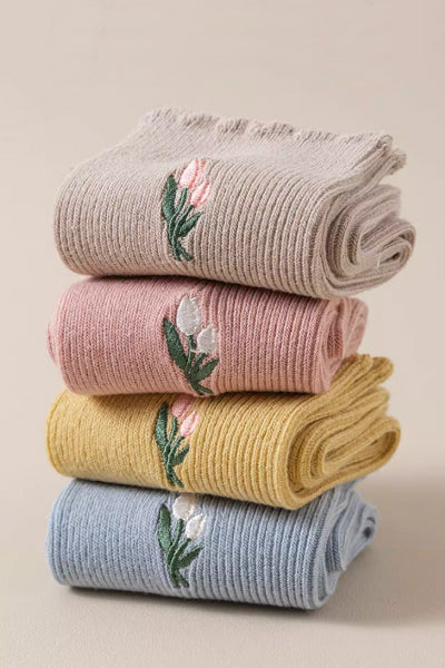 Women's Crew Socks Long Staple Cotton 5 Pairs Floral Embroidered Ruffled