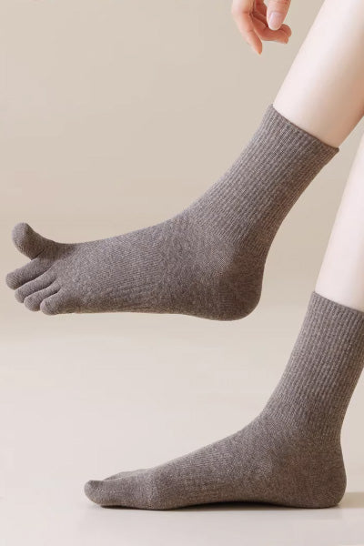 Women's Crew Socks Long Staple Cotton 5 Pairs Split Toe Five Finger Solid Color