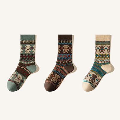 Women's Cotton Crew Socks - Patterned Literary Style Winter Socks 3 Pack