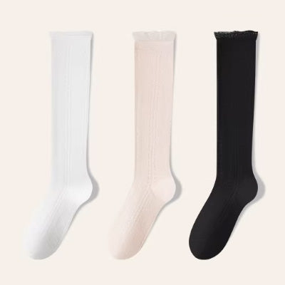 Women's Calf Socks Long Staple Cotton 3 Pairs Lace Ruffle Solid Color