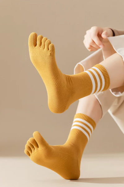 Women's Crew Socks Long Staple Cotton 4 Pairs Toe Separator Striped