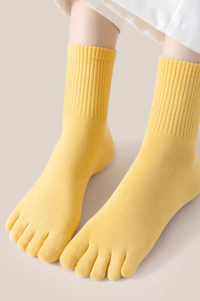 Women's Crew Socks Long Staple Cotton 4 Pairs Five-Toe Socks Solid Color