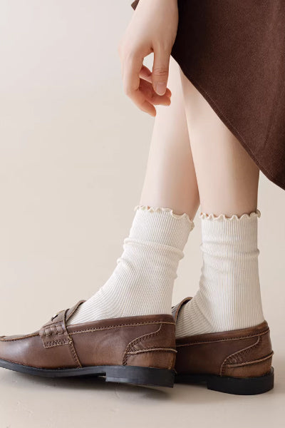 Women's Crew Socks Long Staple Cotton 5 Pairs Ruffled Solid Color