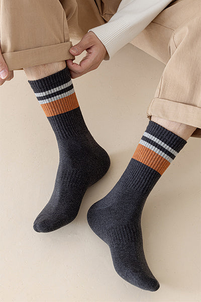 Men's Thick Cotton Crew Socks - Striped Terry Lined Winter Socks 4 Pack