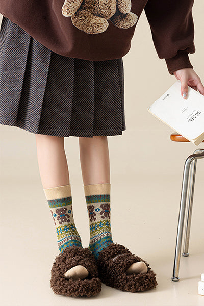 Women's Cotton Crew Socks - Patterned Literary Style Winter Socks 3 Pack