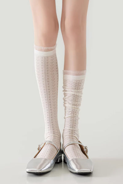 Women's Calf Socks Long Staple Cotton 3 Pairs Lace Ruffle Solid Color