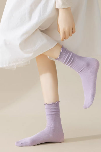 Women's Crew Socks Long Staple Cotton 5 Pairs Lace Solid Color