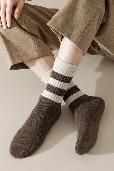 Men's Extra Thick Wool Crew Socks - Terry Lined Striped Thermal Winter Socks 2 Pack