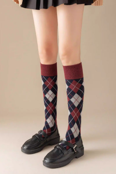 Women's Calf Socks Long Staple Cotton 3 Pairs Argyle Pattern