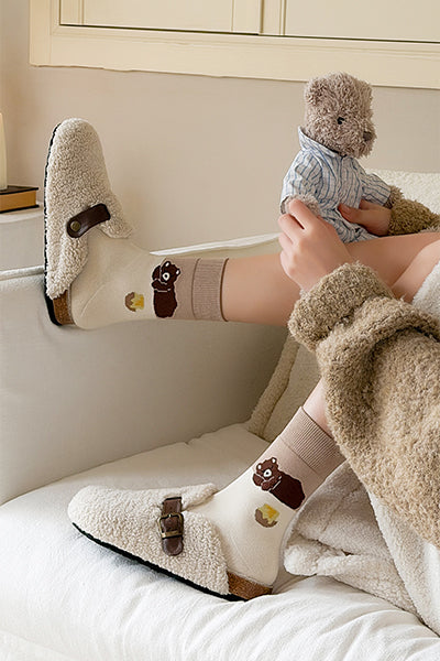 Women's Crew Socks Long Staple Cotton Thick Terry Lined 3 Pairs Cartoon Patterned Knit