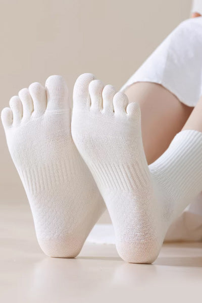 Women's Crew Socks Long Staple Cotton 5 Pairs Split Toe Five Finger Solid Color