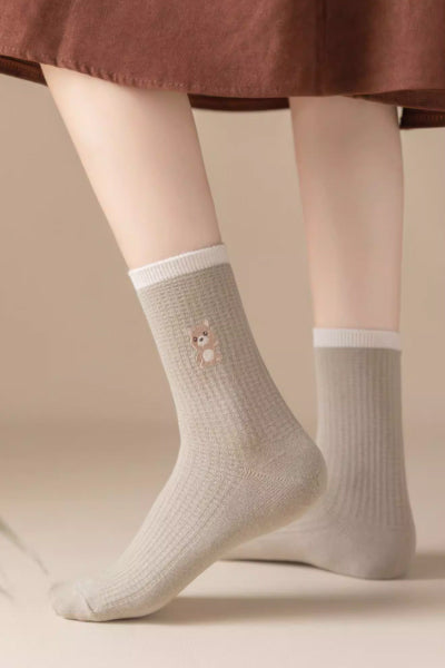 Women's Crew Socks Long Staple Cotton 5 Pairs Cartoon Embroidery