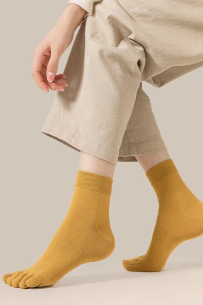 Women's Crew Socks Long Staple Cotton 4 Pairs Solid Color Five Finger Toe Socks
