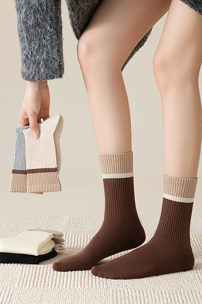 Women's Crew Socks Long Staple Cotton Winter Extra Thick Terry Lined 4 Pairs Thermal Striped